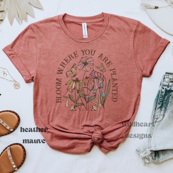 Tops - Bloom Where You Are Planted Boho Unisex Short Sleeve T-shirt - Heather Mauve